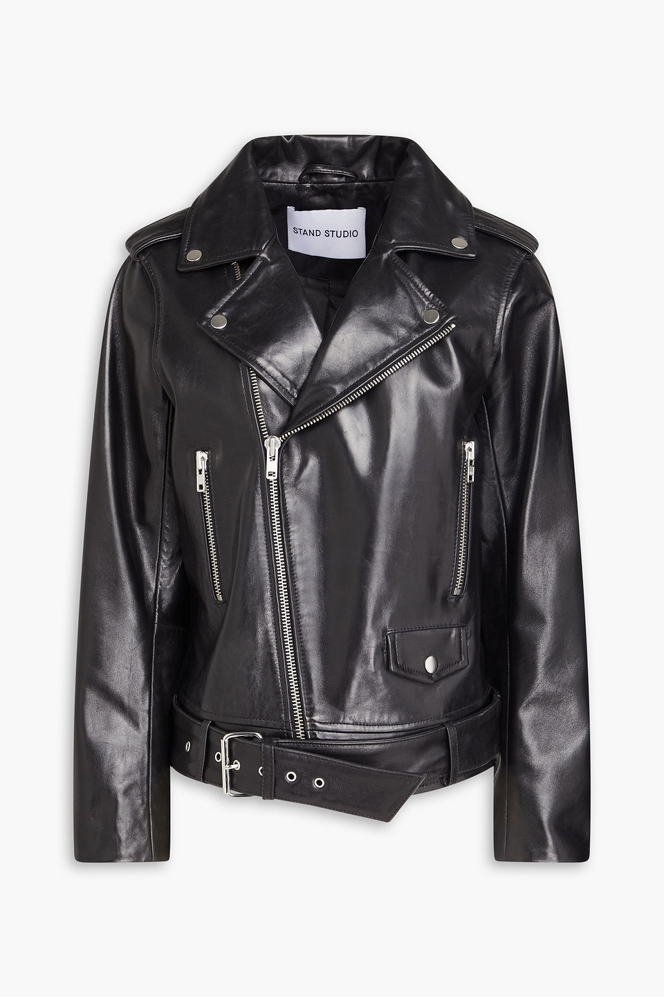 Stand Studio Belted Leather Biker Jacket In Schwarz