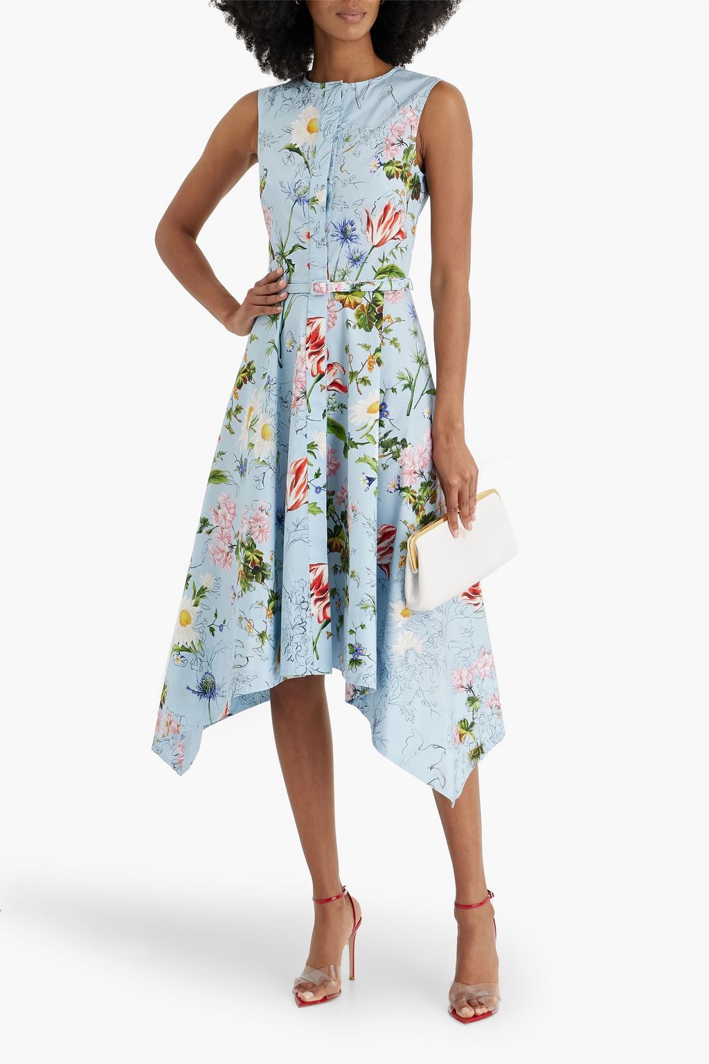 OSCAR DE LA RENTA Belted floral-print cotton-blend poplin midi dress