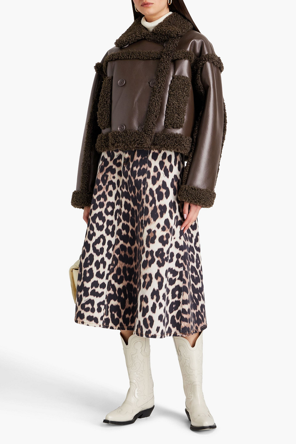 Shop Stand Studio Kristy Cropped Double-breasted Faux Shearling Jacket In Dark Brown
