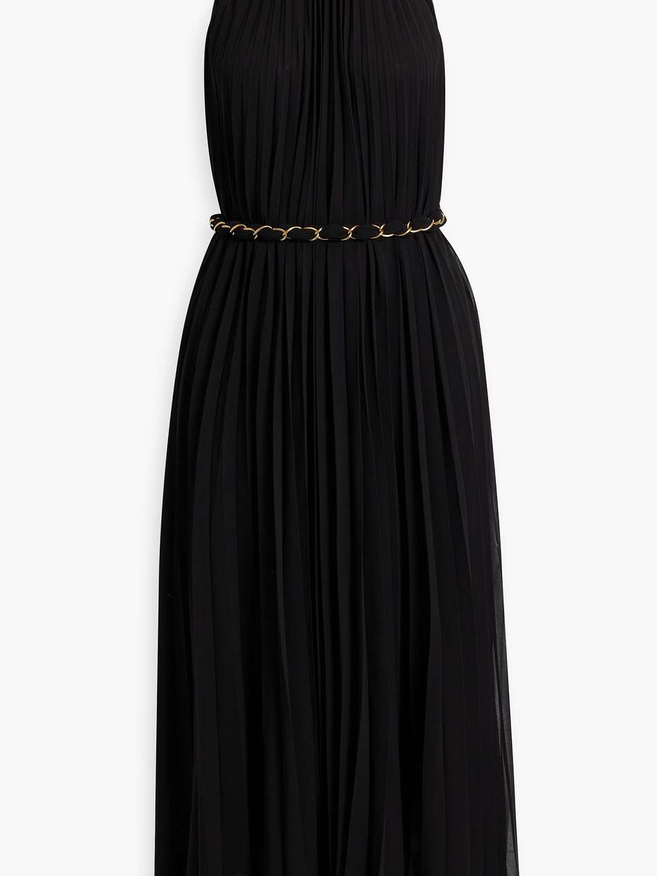 belted pleated chiffon midi dress