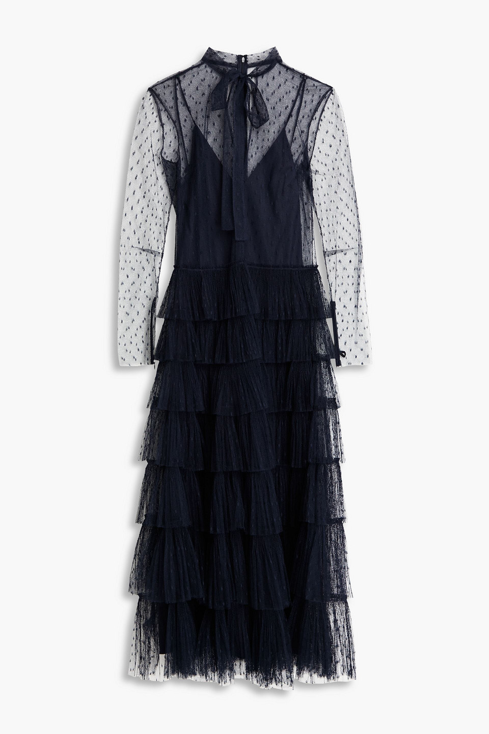 Red Valentino Tiered Ruffled Point D'esprit Midi Dress In Navy