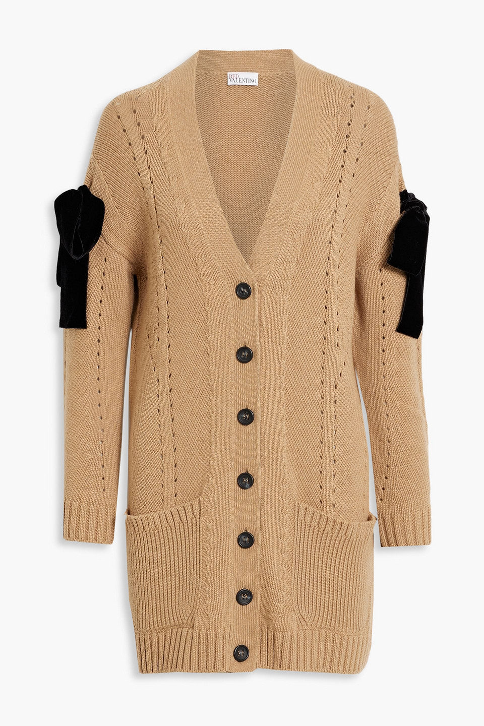 Red Valentino Bow-detailed Pointelle-knit Cardigan In Camel