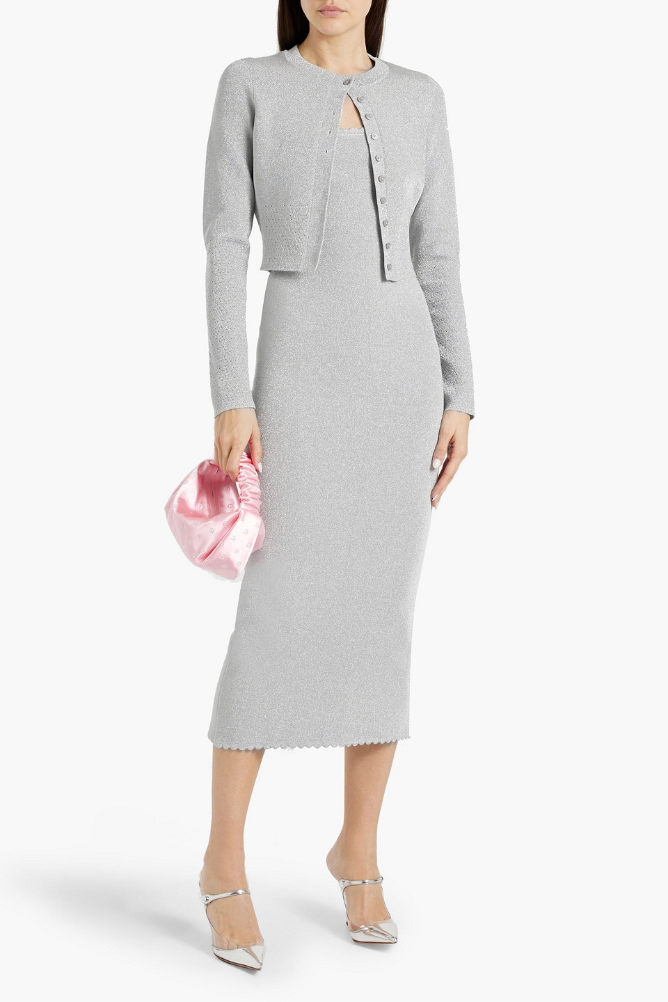 Victoria Beckham Metallic Stretch-knit Cardigan In Silver