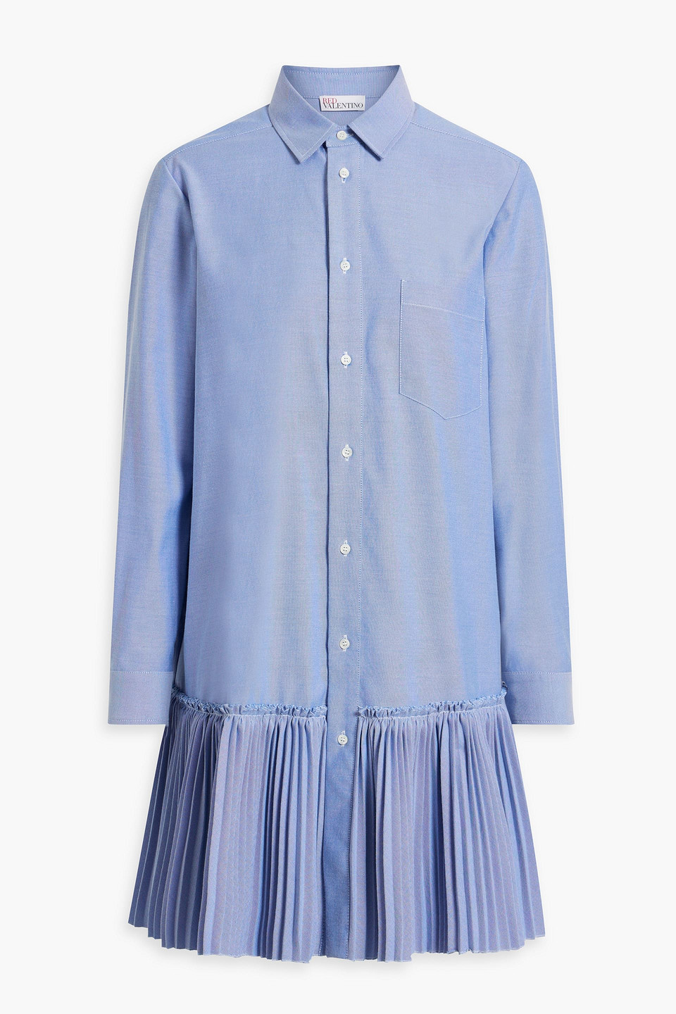 Red Valentino Pleated Cotton-blend Oxford Mini Shirt Dress In Light Blue