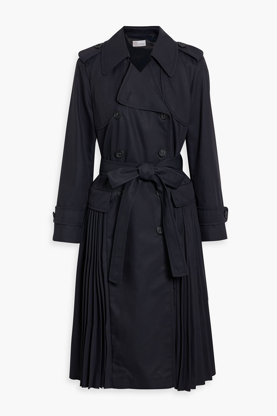 Red Valentino Pleated Cotton-blend Gabardine Trench Coat In Midnight Blue