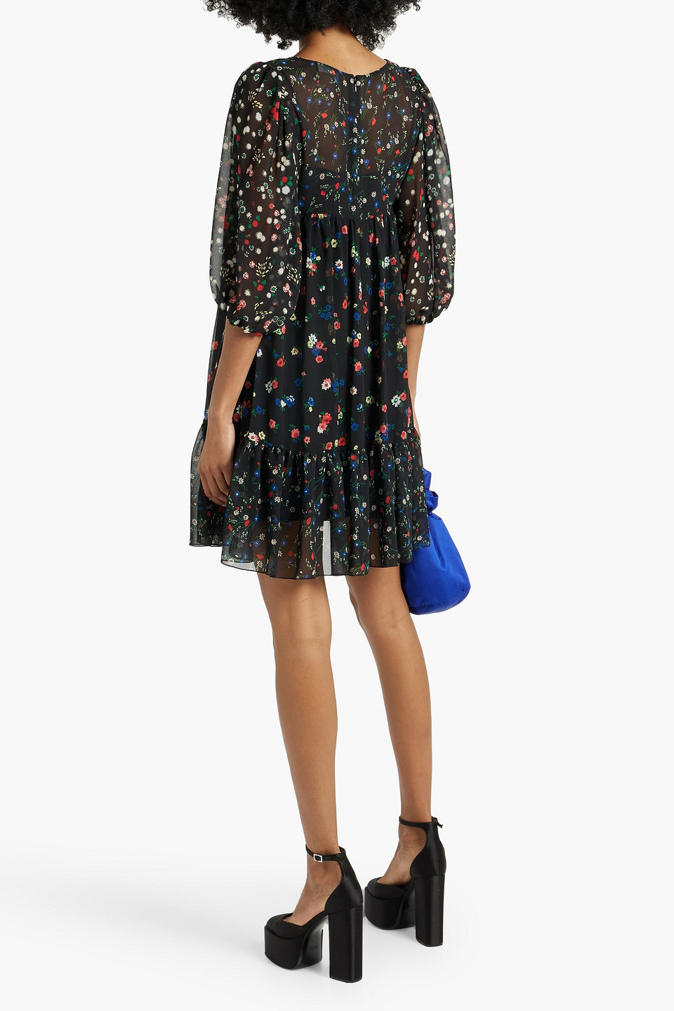 Red Valentino Ruffled Floral-print Chiffon Mini Dress In Black