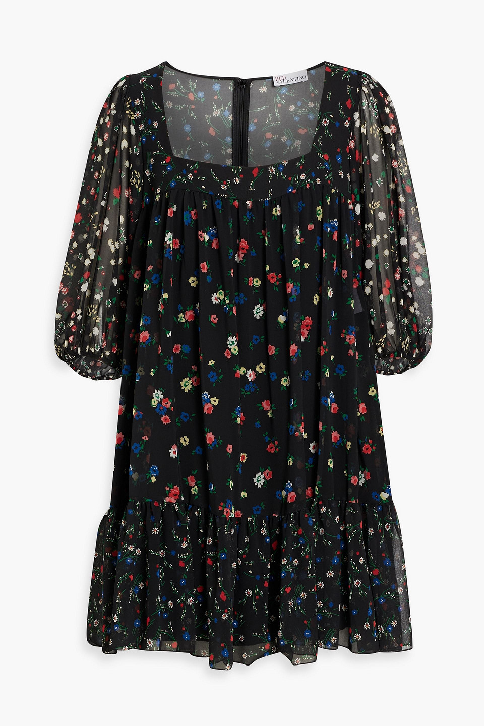 Red Valentino Ruffled Floral-print Chiffon Mini Dress In Black