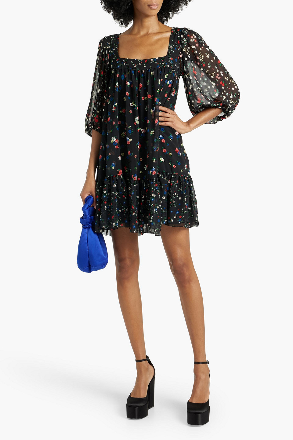 Red Valentino Ruffled Floral-print Chiffon Mini Dress In Black