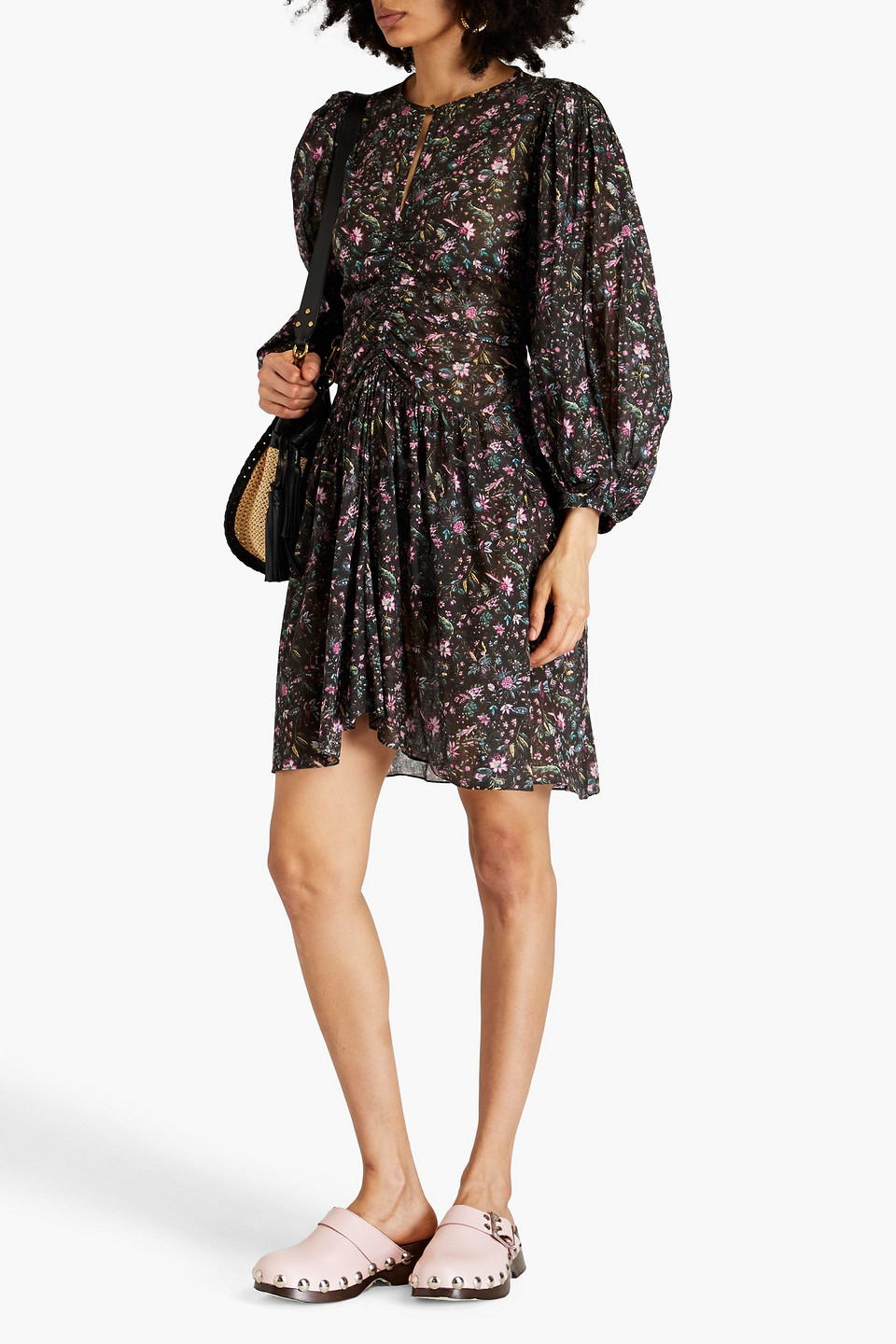Isabel Marant Étoile Marili Floral-print Cotton-mousseline Mini Shirt Dress In Dunkelbraun