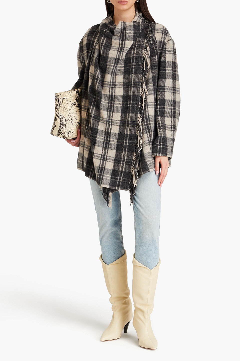 ISABEL MARANT ÉTOILE FLEMINGLI FRINGED CHECKED WOOL-BLEND FELT COAT