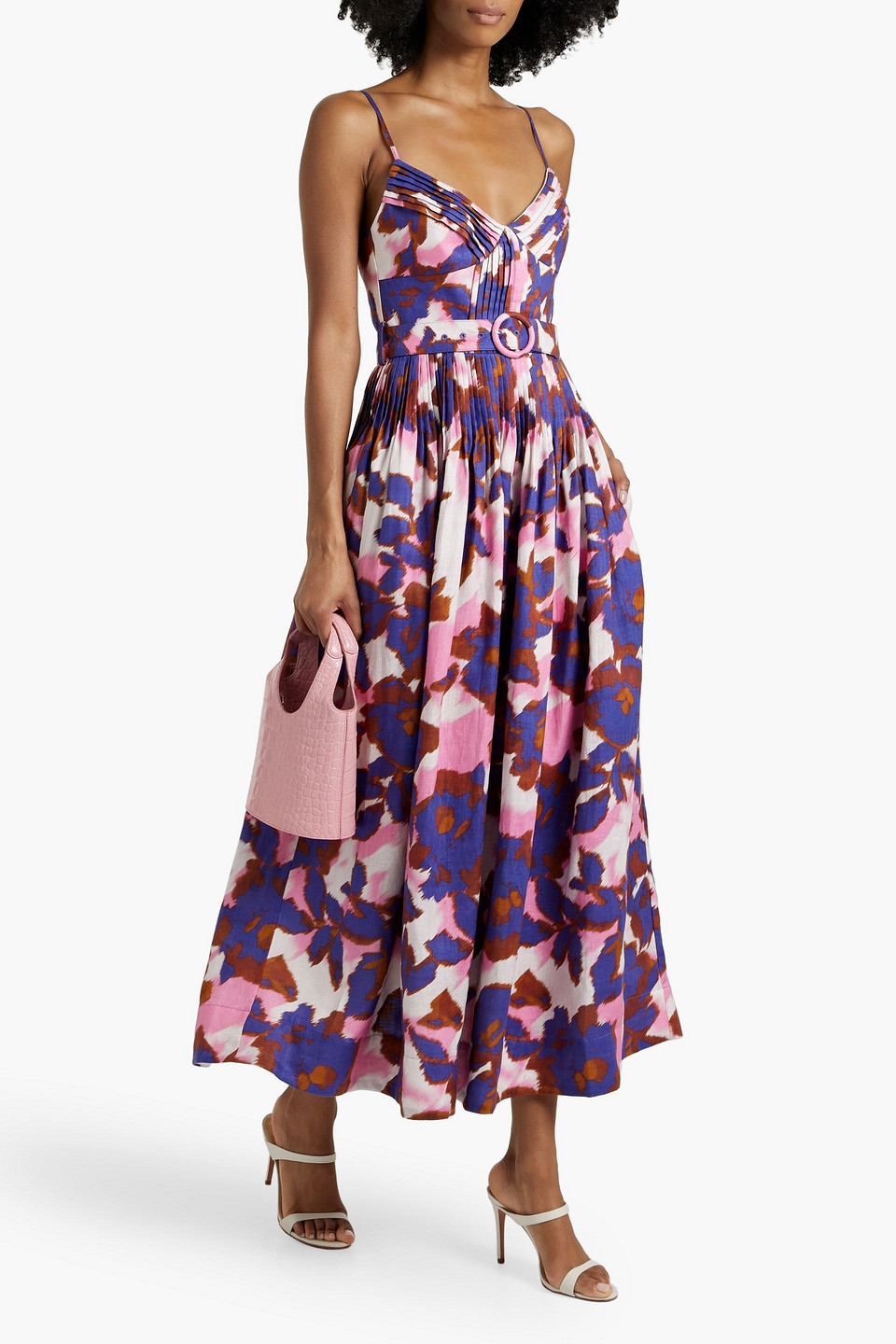 Shop Nicholas Mireille Belted Printed Linen Maxi Dress In Indigo