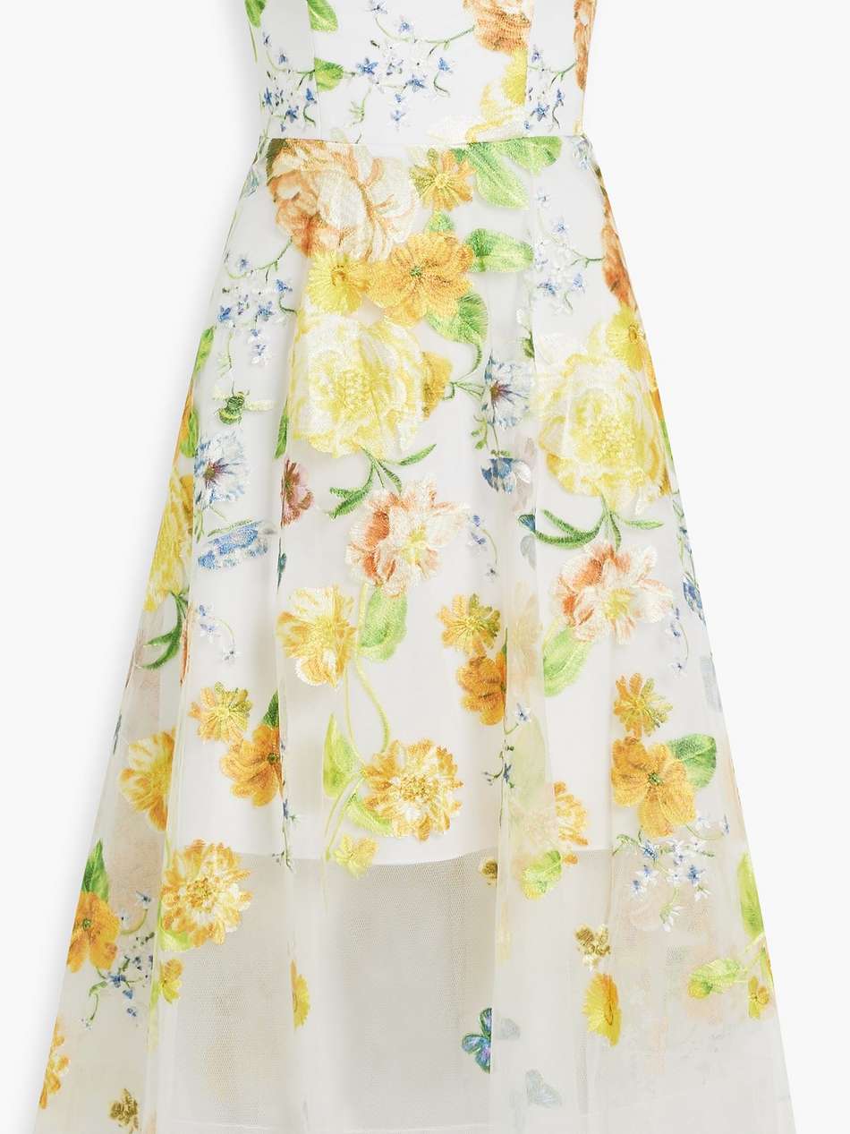 strapless embroidered tulle midi dress