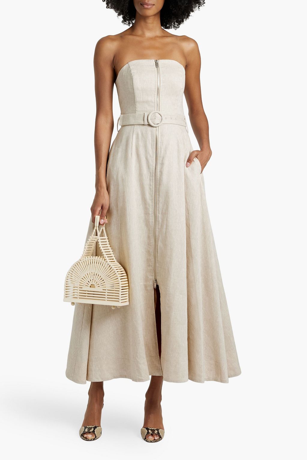 NICHOLAS Strapless belted linen midi dress