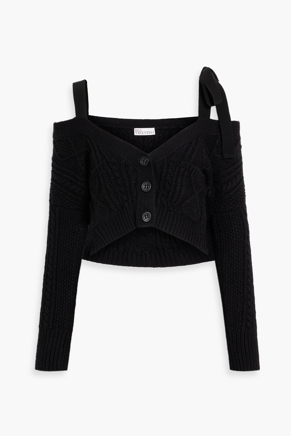 Red Valentino Cold-shoulder Cropped Cable-knit Cardigan In Black