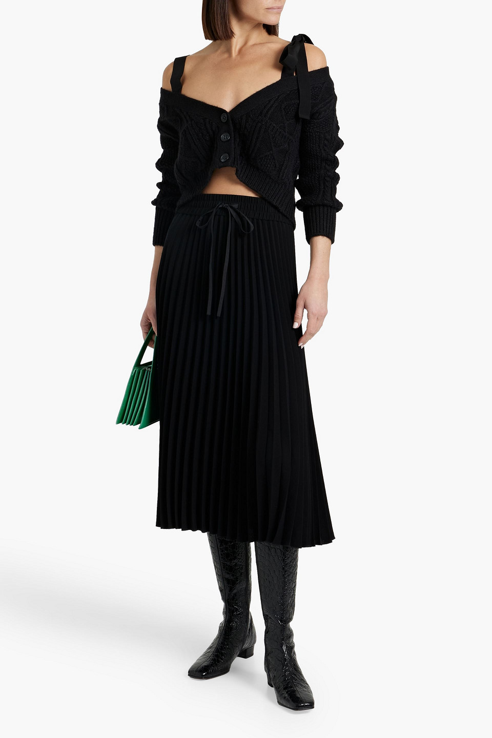 Shop Red Valentino Cold-shoulder Cropped Cable-knit Cardigan In Black