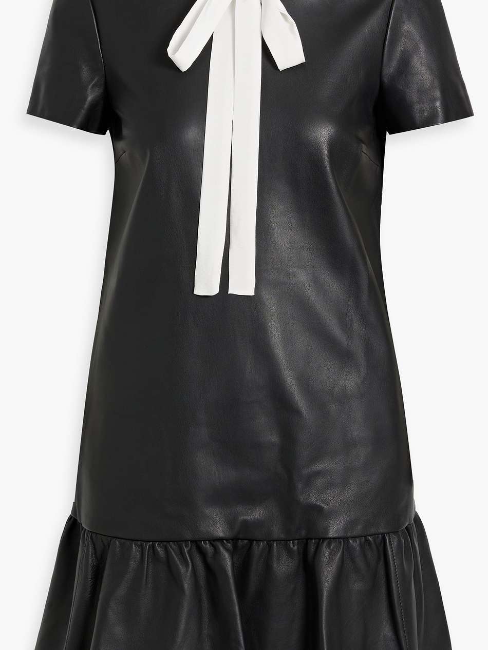 pussy-bow crepe de chine-trimmed leather mini dress