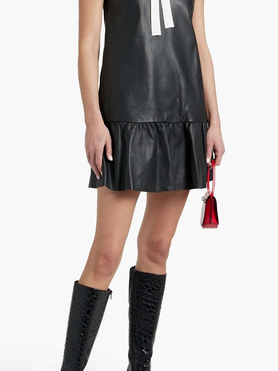 pussy-bow crepe de chine-trimmed leather mini dress