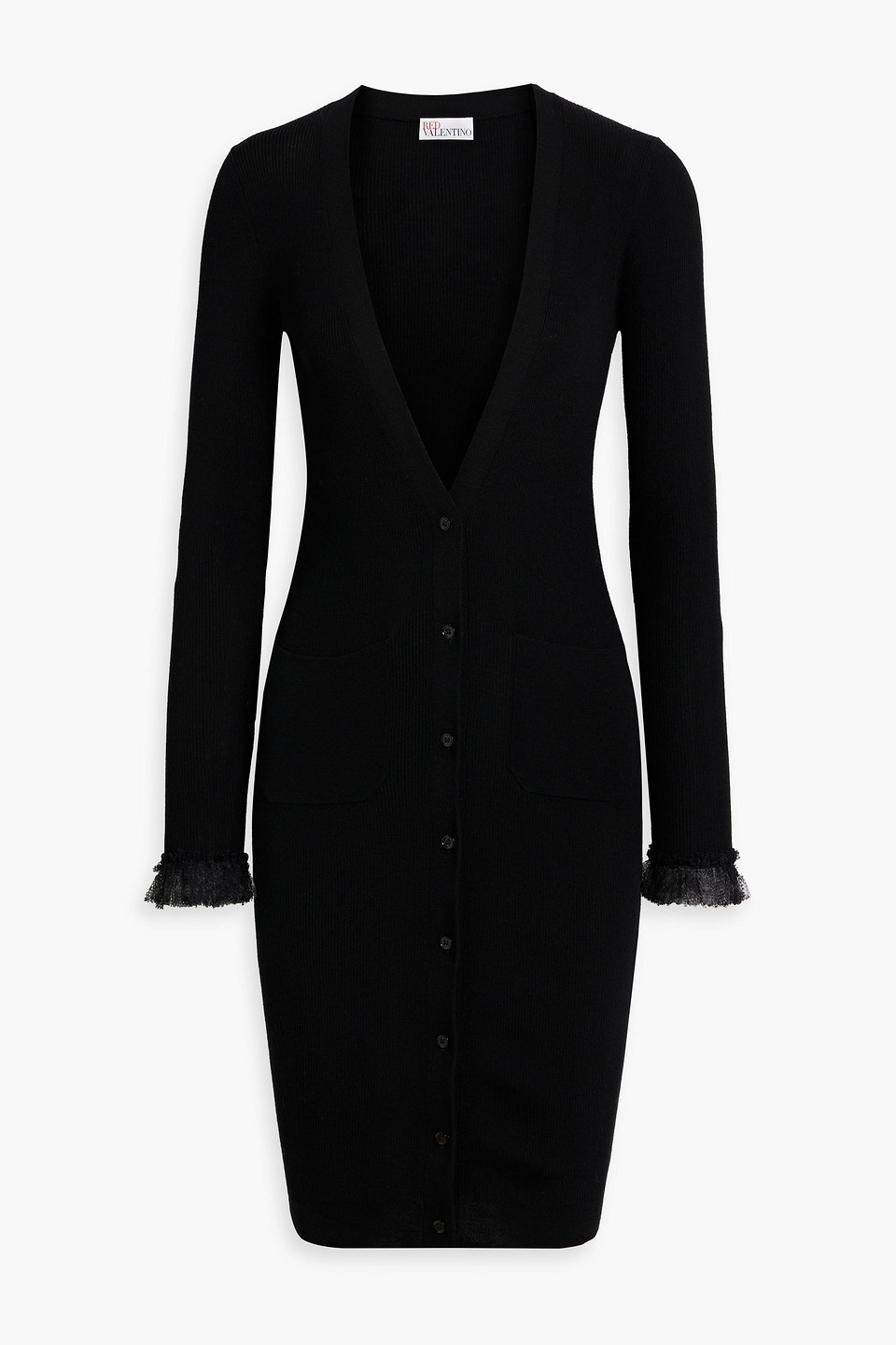 Red Valentino Point D'esprit-trimmed Ribbed Wool Cardigan In Black