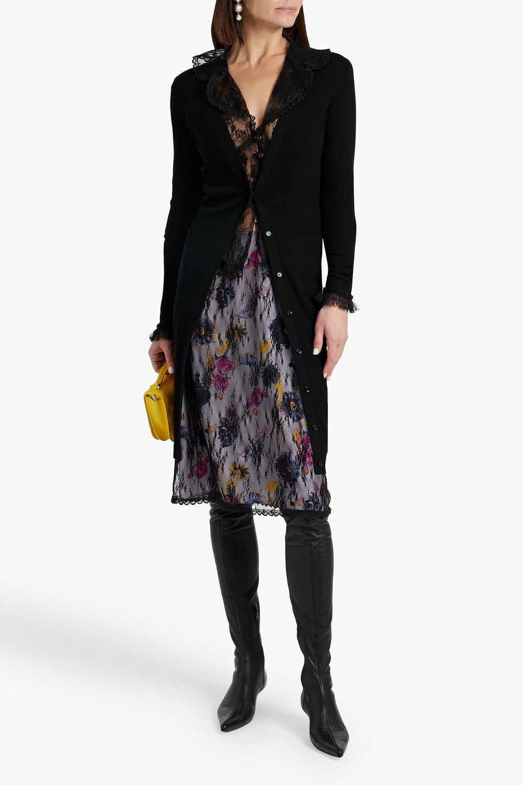 REDVALENTINO Point d'esprit-trimmed ribbed wool cardigan