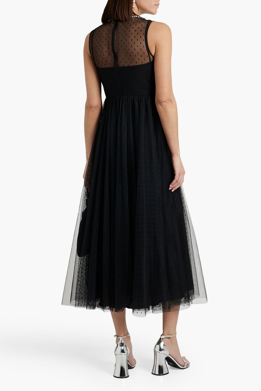 REDVALENTINO Crystal-embellished point d'espirit paneled tulle midi dress