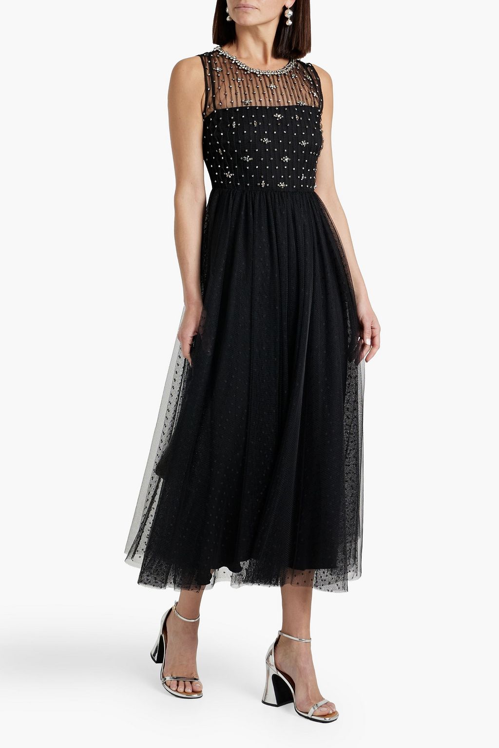REDVALENTINO Crystal-embellished point d'espirit paneled tulle midi dress