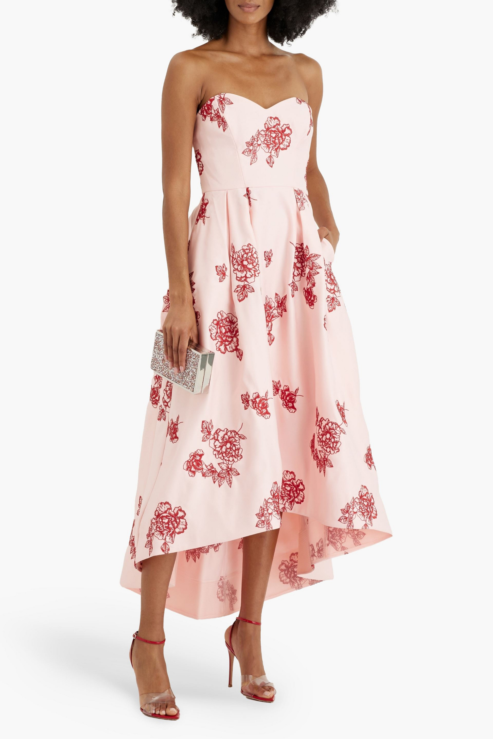 MARCHESA NOTTE Strapless embroidered duchesse-satin maxi dress