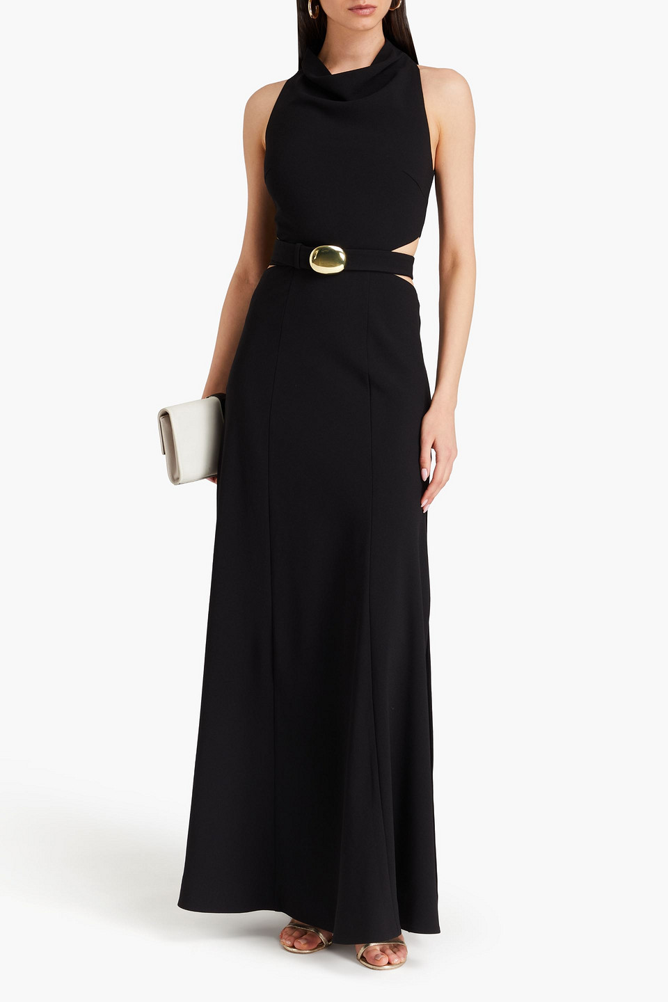 Shop Nicholas Ellianna Belted Cutout Crepe Gown In Black