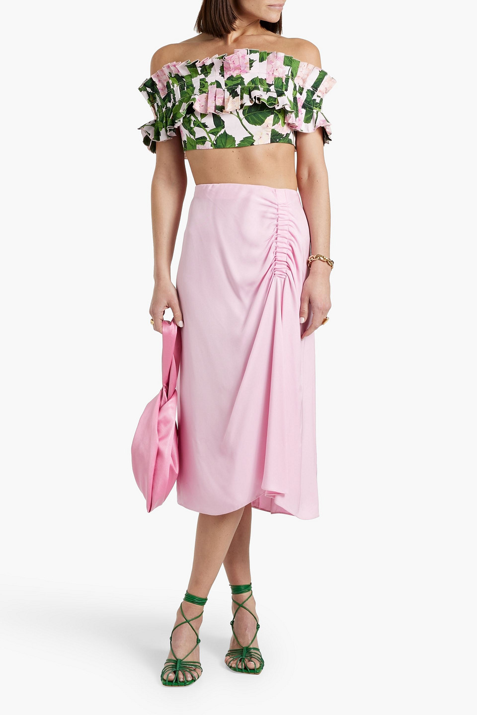 Shop Oscar De La Renta Off-the-shoulder Cropped Cotton-blend Poplin Top In Baby Pink