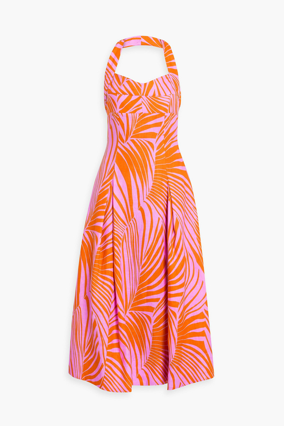 Nicholas Seraphina Pleated Printed Linen Halterneck Midi Dress In Orange