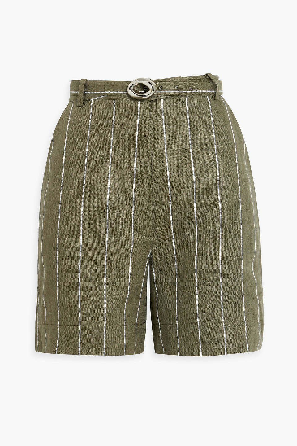 Nicholas Lavinia Belted Striped Linen-blend Shorts In Army Green