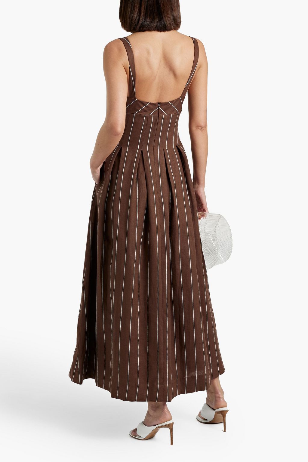 NICHOLAS Pleated striped linen-blend maxi dress