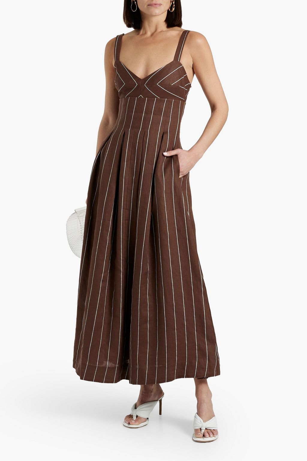 NICHOLAS Pleated striped linen-blend maxi dress