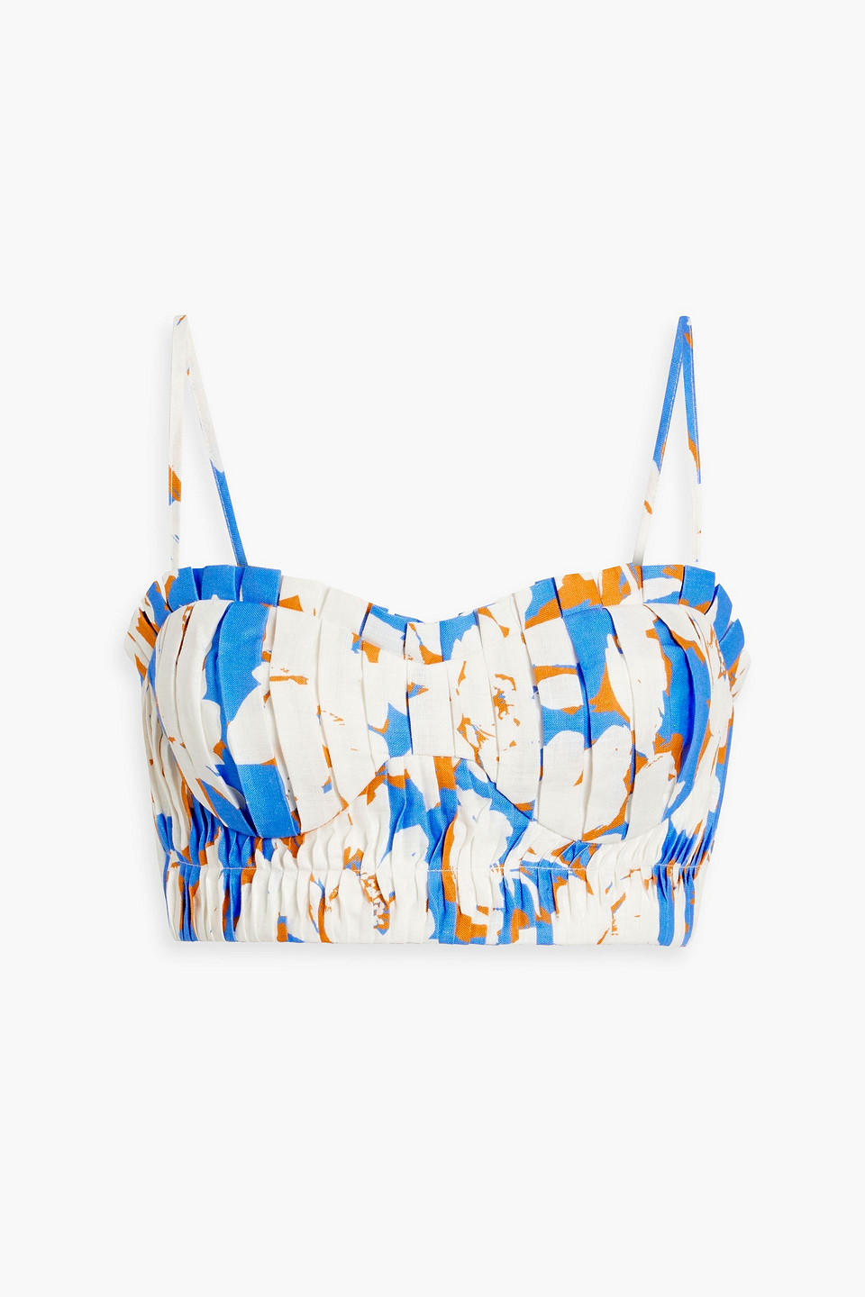 Nicholas Crina Pleated Floral-print Linen Bustier Top In Azure