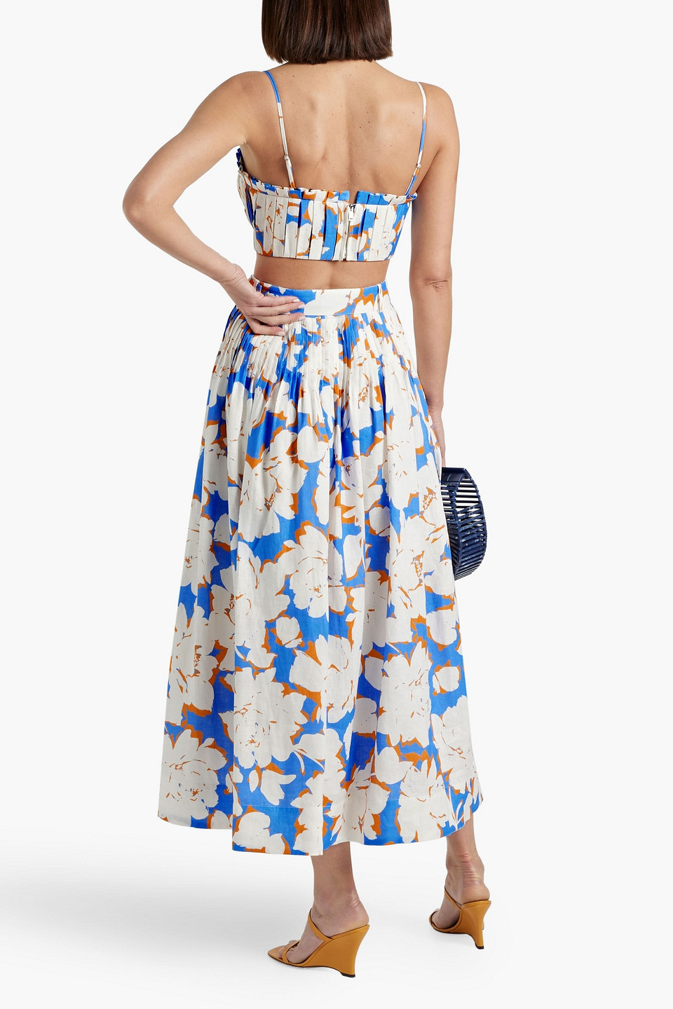 Nicholas Amabelle Pintucked Floral-print Linen Midi Skirt In Azure