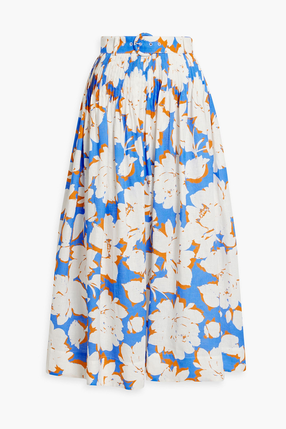 Nicholas Amabelle Pintucked Floral-print Linen Midi Skirt In Azure