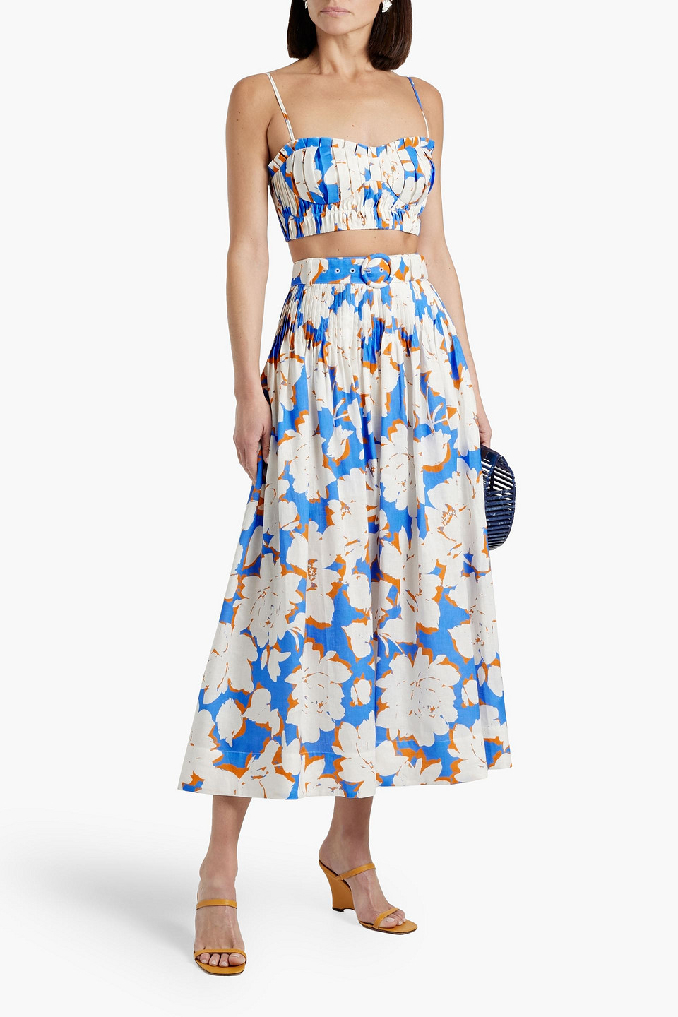 Nicholas Amabelle Pintucked Floral-print Linen Midi Skirt In Azure