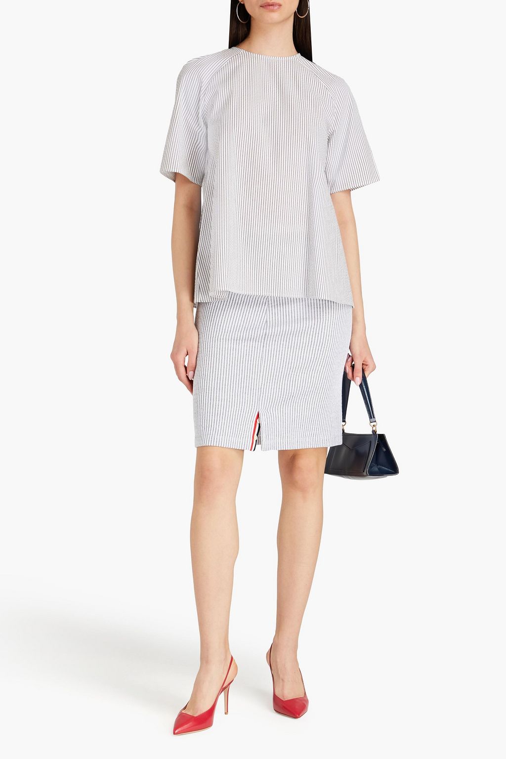 THOM BROWNE Striped cotton-seersucker top