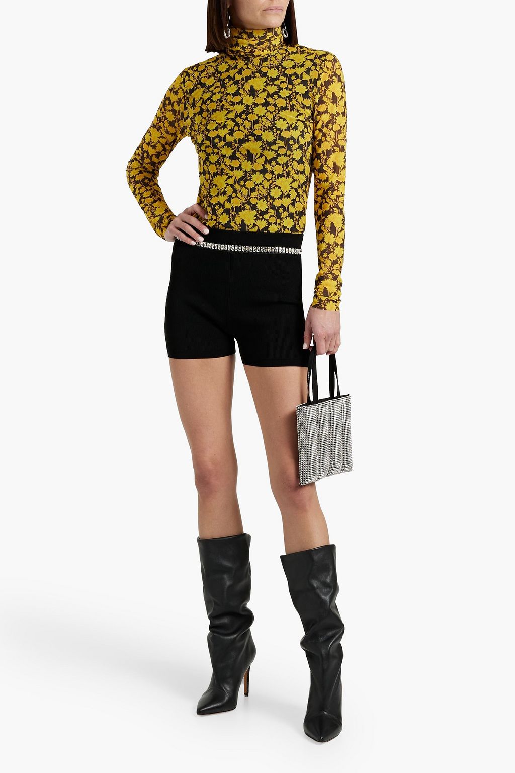 RABANNE Crystal-embellished ribbed-knit shorts