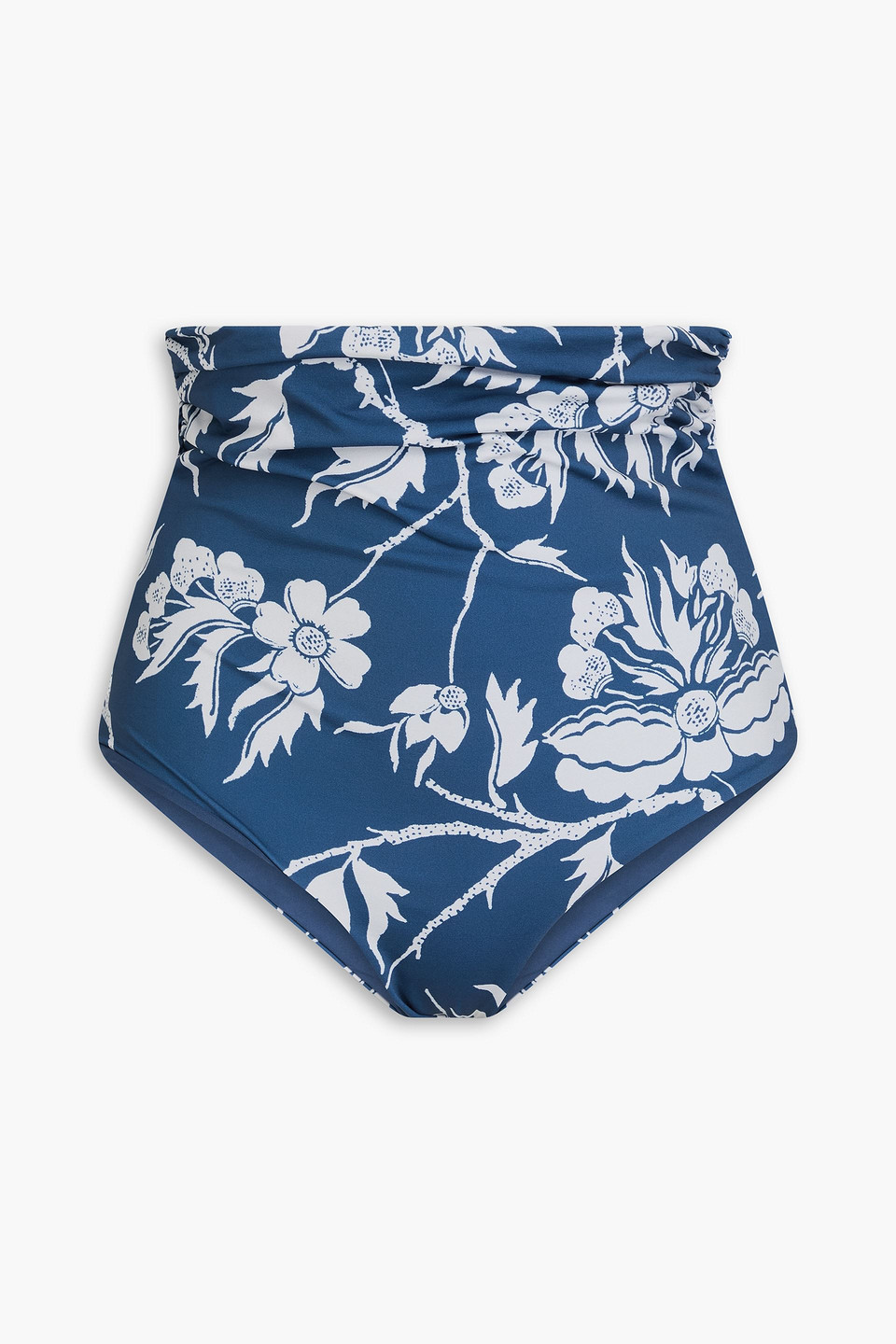 Mara Hoffman Bobbi Floral-print Ruched High-rise Bikini Briefs In Navy