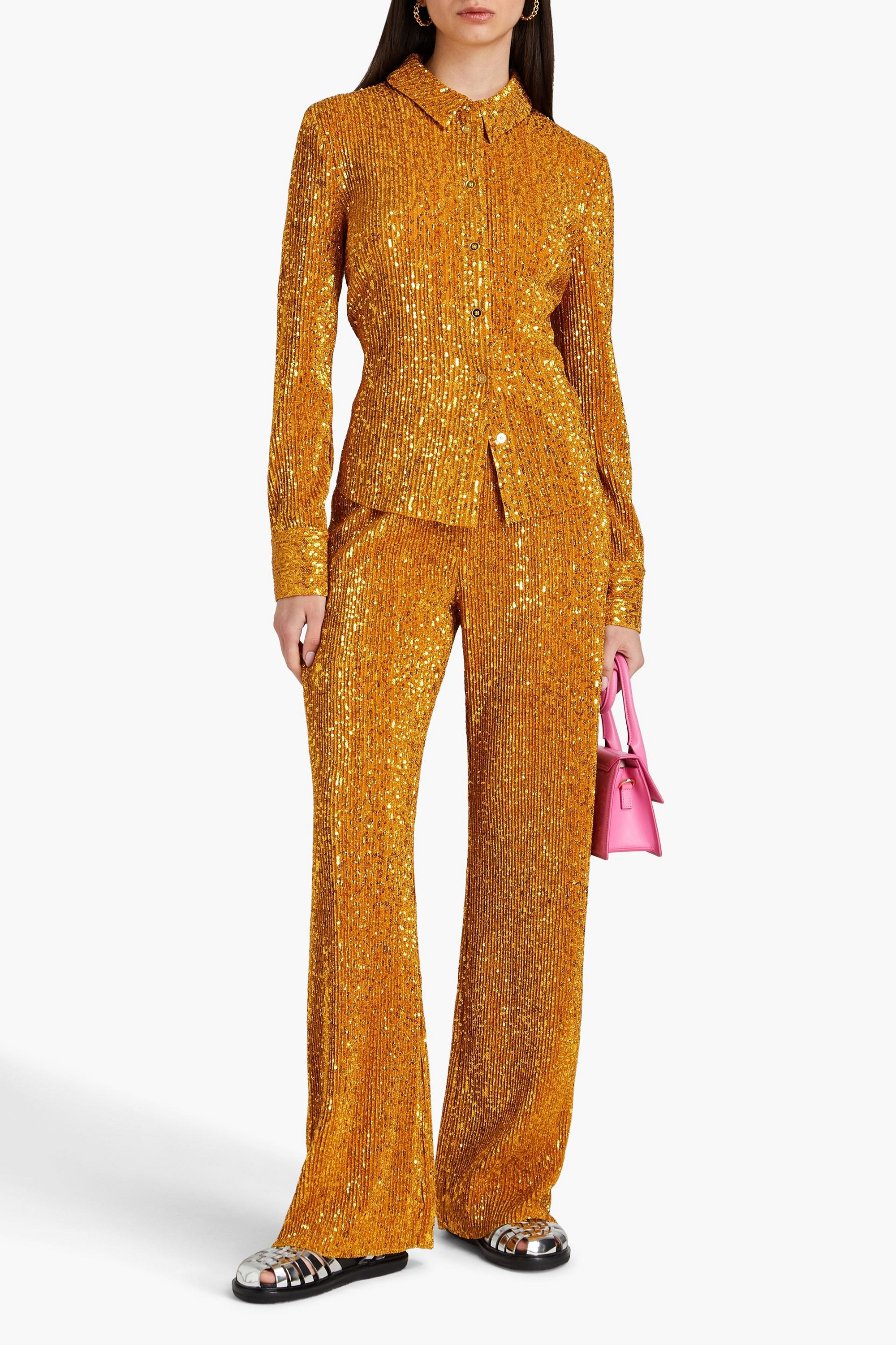 Stine Goya Markus sequined plissé-knitted straight-leg pants