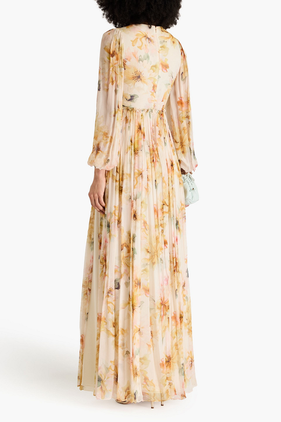 Shop Costarellos Pleated Floral-print Crepon Gown In Beige