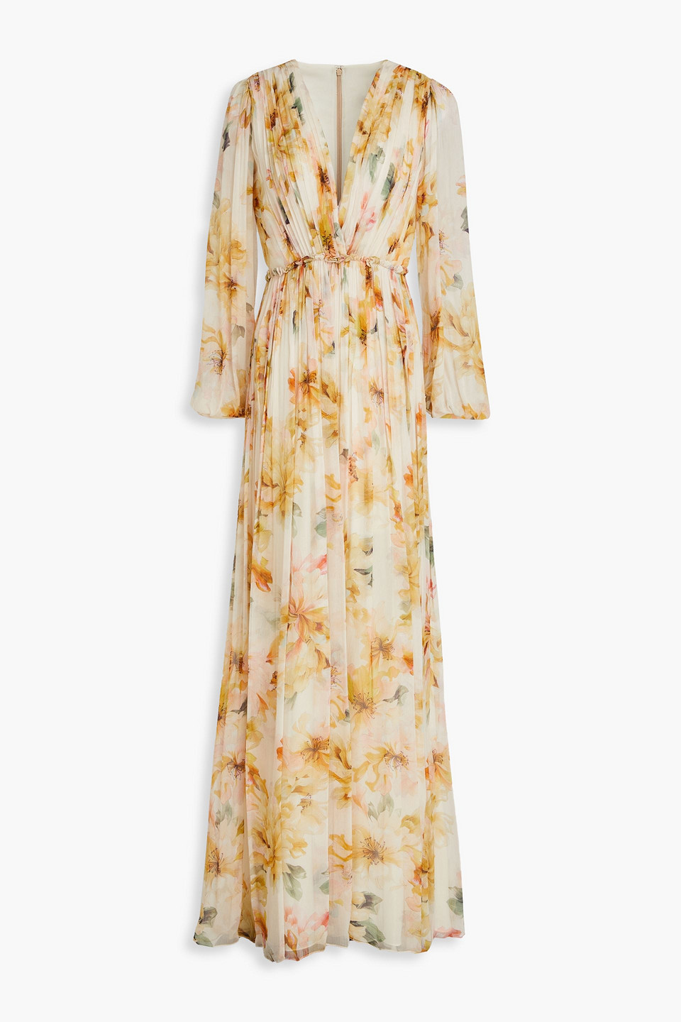 Shop Costarellos Pleated Floral-print Crepon Gown In Beige