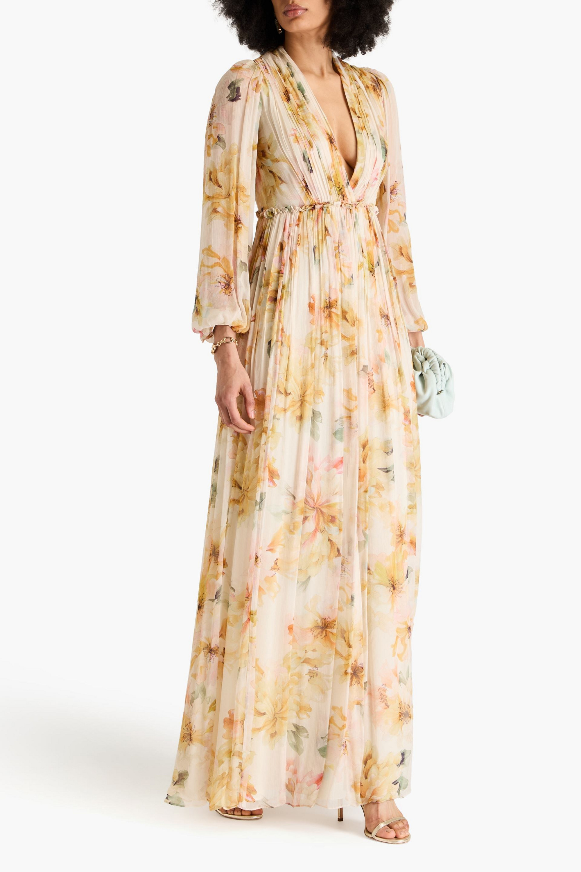 Costarellos Pleated floral-print crepon gown