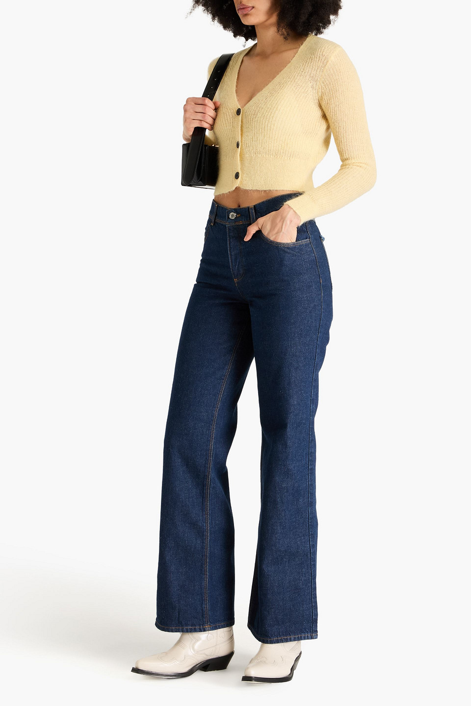 Shop Stine Goya Joelle Frayed Mid-rise Flared Jeans In Dark Denim