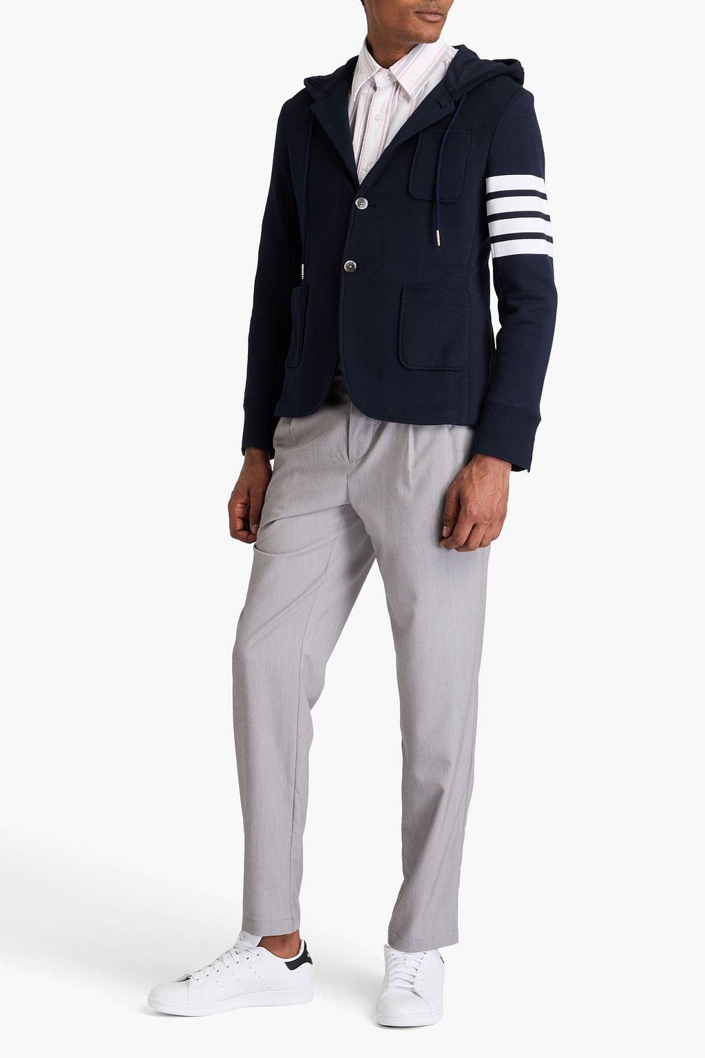 THOM BROWNE Striped French cotton-terry hooded blazer