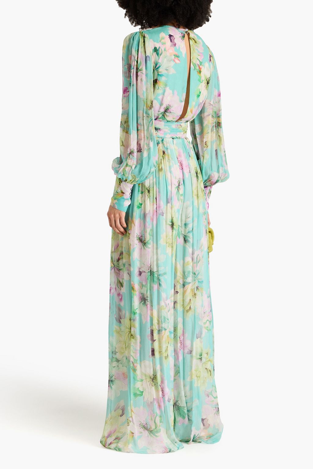 COSTARELLOS Gathered floral-print crepon gown