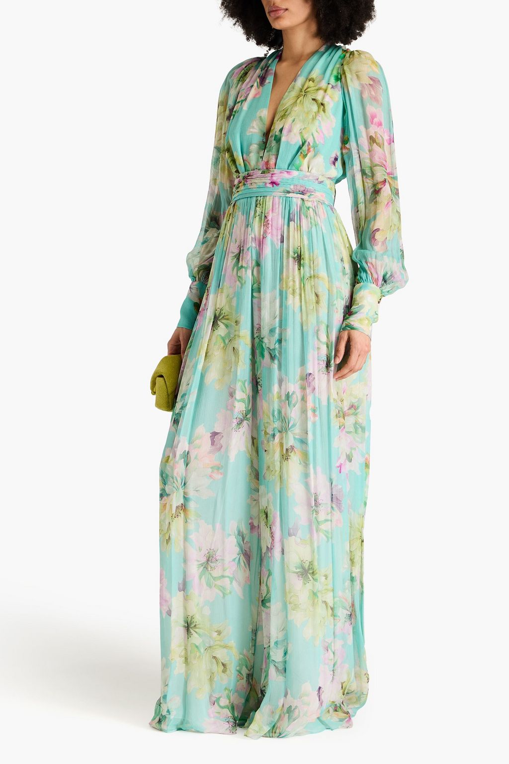 COSTARELLOS Gathered floral-print crepon gown