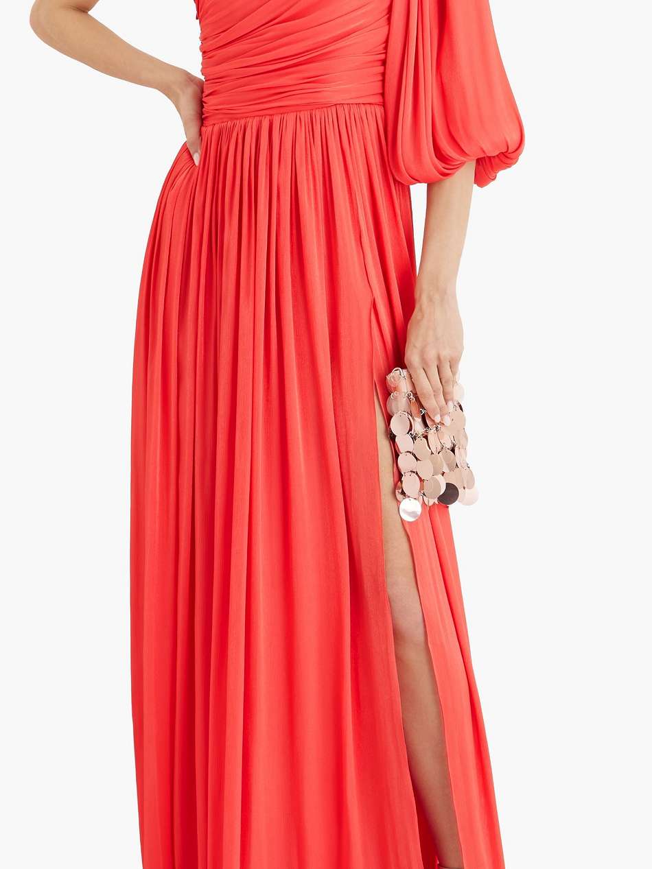 one-sleeve draped satin-jacquard gown