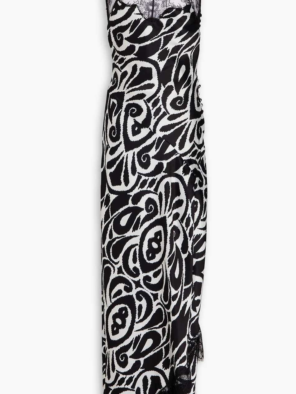 sage lace-trimmed printed satin maxi dress