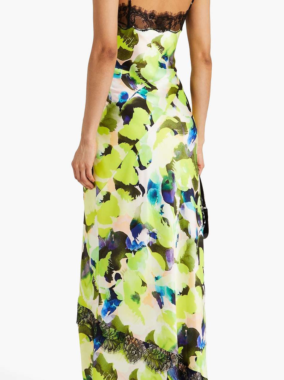 sage lace-trimmed printed satin maxi dress
